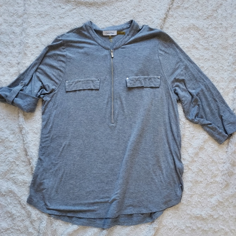 Calvin Klein Gray Rayon Half-Zip Tab Sleeve Top Minimalist Relaxed Casual Fall